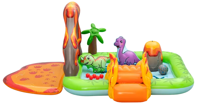 Oppustelig legebassin med dinosaurtema, vulkanslide, palmetræ, farverige dinosaurer og bolde. Flere legezoner og stærkt plastikmateriale, ideel til børn.