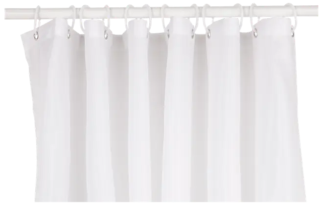 Hvidt bruseforhæng i let stof med metaløjer og plastkroge til ophængning. Enkelt, moderne design der passer til de fleste badeværelser. Gardinstang medfølger ikke.