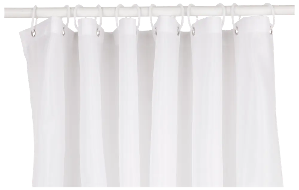 Vitt duschdraperi i lätt tyg med metallöljetter och plastkrokar för upphängning. Enkel, modern design som passar de flesta badrum. Gardinstång ingår ej.