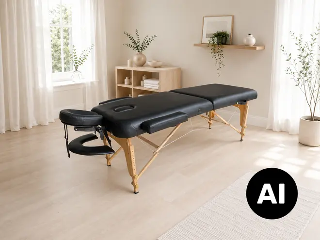 Sort bærbar massageterapi-briks med polstret delt overflade, justerbar ansigtsstøtte, sidearmlæn og sammenklappelige træben i et lyst rum. - Billedet er skabt med AI