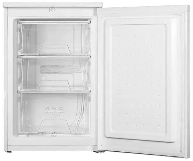 Hvid opretstående fryser med tre gennemsigtige udtræksskuffer, rummeligt interiør og fladt dørdesign. Perfekt til organiseret opbevaring af frostvarer i hjemmet eller på kontoret.