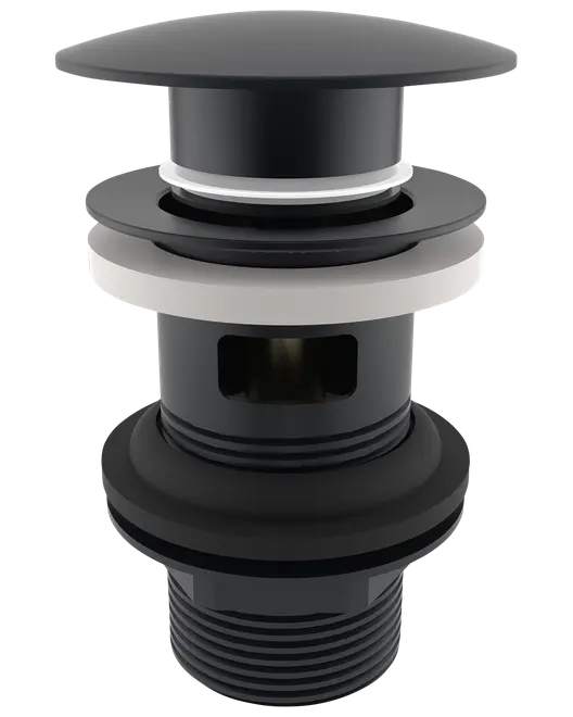 Mat sort pop-up afløb til håndvaske med bred hætte, gevindet krop og gummipakning for sikker montering. Moderne design, passer til både fritstående og almindelige håndvaske.