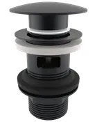 Mat sort pop-up afløb til håndvaske med bred hætte, gevindet krop og gummipakning for sikker montering. Moderne design, passer til både fritstående og almindelige håndvaske.