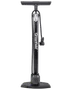 Black floor pump with a wide, ergonomic handle and sturdy base for stability. Features a built-in pressure gauge at the bottom for accurate inflation, and a hose with a dual head for compatibility with different valve types. The pump has a sleek design with the brand name 'Greenfield' printed vertically on the main barrel.