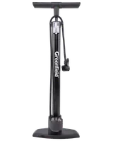 Black floor pump with a wide, ergonomic handle and sturdy base for stability. Features a built-in pressure gauge at the bottom for accurate inflation, and a hose with a dual head for compatibility with different valve types. The pump has a sleek design with the brand name 'Greenfield' printed vertically on the main barrel.