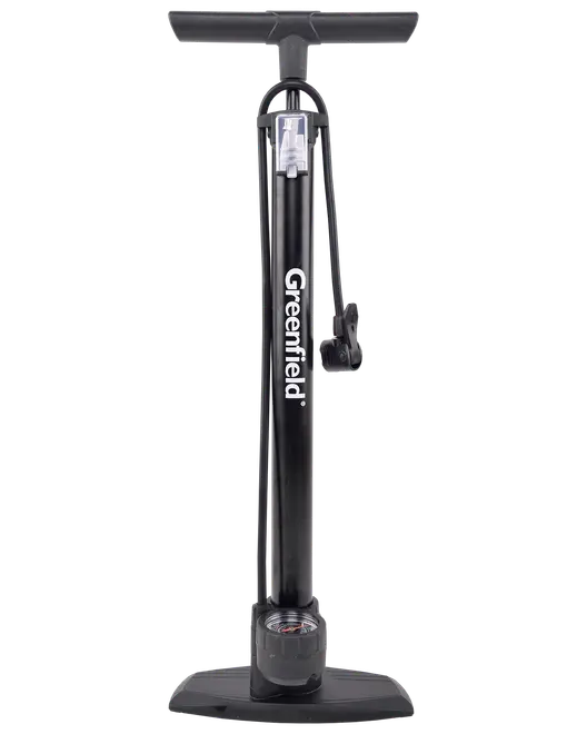 Black floor pump with a wide, ergonomic handle and sturdy base for stability. Features a built-in pressure gauge at the bottom for accurate inflation, and a hose with a dual head for compatibility with different valve types. The pump has a sleek design with the brand name 'Greenfield' printed vertically on the main barrel.
