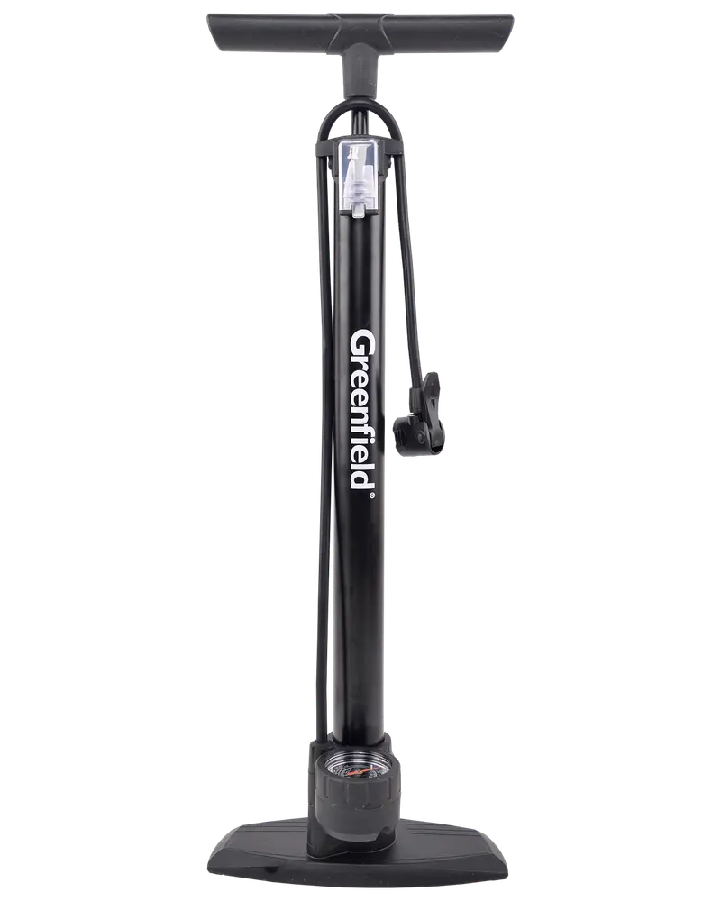 Black floor pump with a wide, ergonomic handle and sturdy base for stability. Features a built-in pressure gauge at the bottom for accurate inflation, and a hose with a dual head for compatibility with different valve types. The pump has a sleek design with the brand name 'Greenfield' printed vertically on the main barrel.