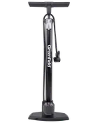 Black floor pump with a wide, ergonomic handle and sturdy base for stability. Features a built-in pressure gauge at the bottom for accurate inflation, and a hose with a dual head for compatibility with different valve types. The pump has a sleek design with the brand name 'Greenfield' printed vertically on the main barrel.