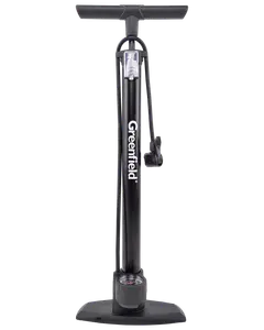 Black floor pump with a wide, ergonomic handle and sturdy base for stability. Features a built-in pressure gauge at the bottom for accurate inflation, and a hose with a dual head for compatibility with different valve types. The pump has a sleek design with the brand name 'Greenfield' printed vertically on the main barrel.