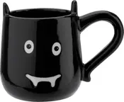 Svart keramikmugg med vampyransikte, vita ögon, huggtänder och två spetsiga öron på kanten. Rolig, unik mugg perfekt för Halloween eller temadrycker.