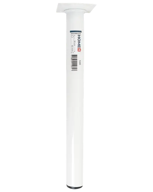 Hvidt metalbordben med rundt rørdesign, flad monteringsplade øverst og justerbar fod nederst. Velegnet til borde eller skabe. Enkel og moderne stil.