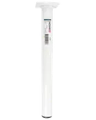 Hvidt metalbordben med rundt rørdesign, flad monteringsplade øverst og justerbar fod nederst. Velegnet til borde eller skabe. Enkel og moderne stil.