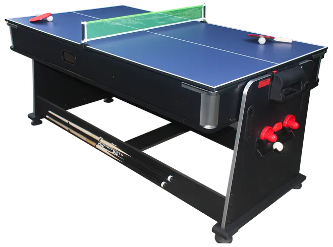 Multispilsbord med blå bordtennisplade, grøn net, bat og bolde. Sidelagring til airhockey-strikere og køer. Sort stel med solide ben og tilbehørsholdere.