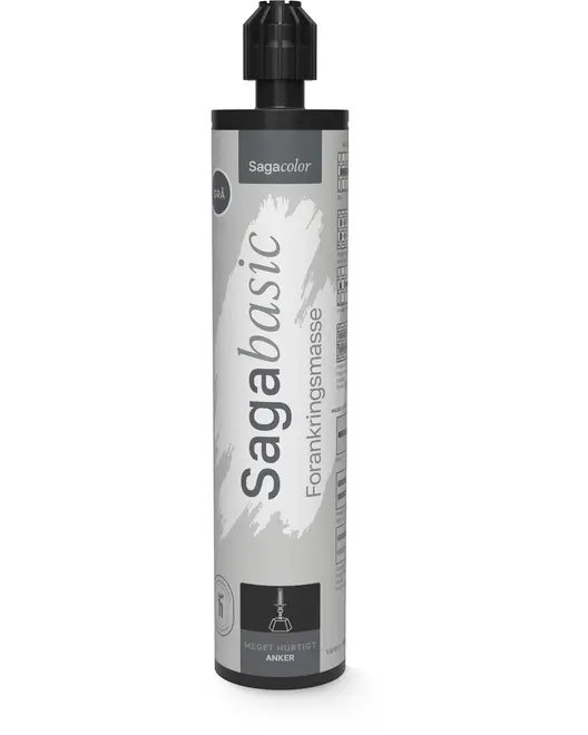 Sagabasic forankringsmasse i cylinderpatron med sort låg, mærket til hurtig hærdning. Egnet til fugepistol, grå og hvid emballage.