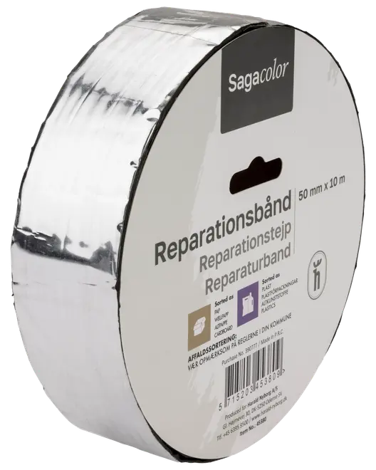 SagaColor reparationsbånd, sølv, 50 mm x 10 m. Holdbart, reflekterende tape til tætning, reparation og isolering. Leveres på rund rulle.