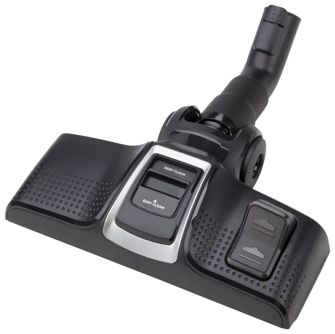 Svart dammsugarmunstycke med justerbara lägen för djup- och enkelrengöring, texturerade sidor för grepp samt anslutningsrör till dammsugarslang.