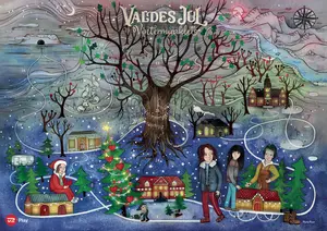 Farverig illustreret julekalender med stort træ, snedækket landsby, juletræer, huse og vinterscenarie med nummererede låger til dagene op til jul.