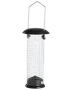 Fuglefoderautomat i metalnet med sort top og bund, cylindrisk form og ophængshåndtag. Velegnet til udendørs brug til frø og småfugle.
