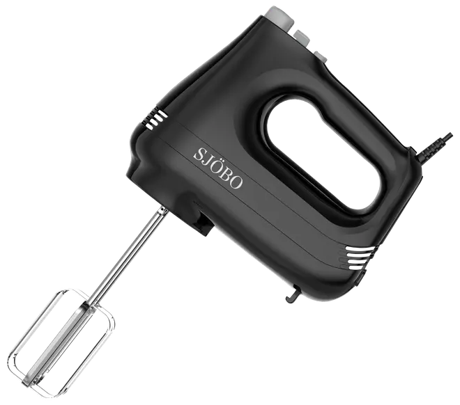 Sort SJBOO elektrisk håndmixer med krompiskeris, ergonomisk håndtagshul og ledning.
