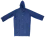 Lang blå regnfrakke med hætte, frontknapper og to store lommer. Fremstillet af vandtæt materiale, giver fuld kropsdækning og beskyttelse mod regn. Unisex, løs pasform.