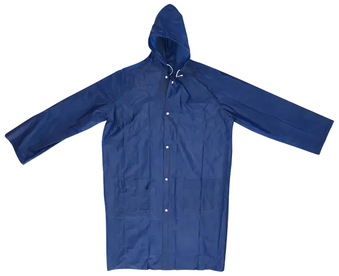 Lang blå regnfrakke med hætte, frontknapper og to store lommer. Fremstillet af vandtæt materiale, giver fuld kropsdækning og beskyttelse mod regn. Unisex, løs pasform.