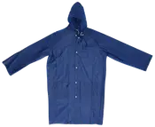 Lang blå regnfrakke med hætte, frontknapper og to store lommer. Fremstillet af vandtæt materiale, giver fuld kropsdækning og beskyttelse mod regn. Unisex, løs pasform.