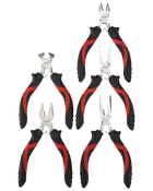 Sæt med fem tænger med sorte og røde ergonomiske håndtag, forskellige kæber til forskellige opgaver. Fremstillet af metal, velegnet til præcisionsarbejde og reparationer.