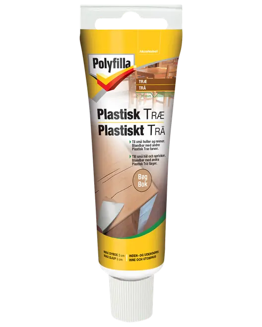 Polyfilla Plastisk Træ reparationsmasse i tube til små huller og revner i træ, gul og hvid emballage til inde- og udendørs brug.