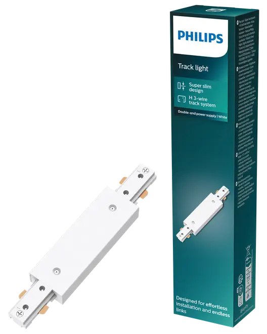 Philips hvid skinnebelysningsforbinder, superslankt design, kompatibel med 3-leder skinnesystem. Dobbeltsidet strømforsyning for nem installation og sammenkobling. Leveres i mærket æske.