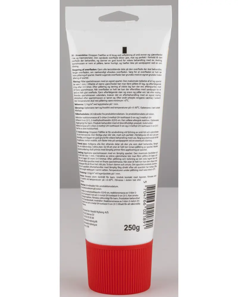 A white plastic tube with a large red ribbed screw cap, featuring a hanging slot at the top. The back of the tube is covered with detailed product information, instructions, and warnings in black text. The tube contains 250 grams of product, as indicated near the bottom, and includes a barcode and manufacturer details.
