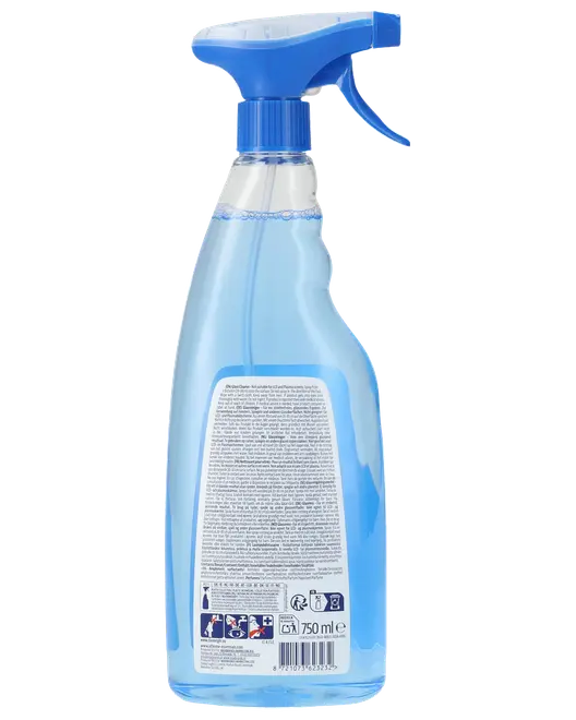 750 ml blå sprayflaske med ergonomisk udløser, gennemsigtig krop og detaljeret bagetiket. Velegnet til rengøringsmidler, let at holde og bruge til husholdningsopgaver.
