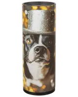 Høj cylindrisk termokop med print af sort-hvid hund iført glitrende sølvhøj hat og festlig gylden baggrund. Isoleret design, velegnet til både varme og kolde drikke.