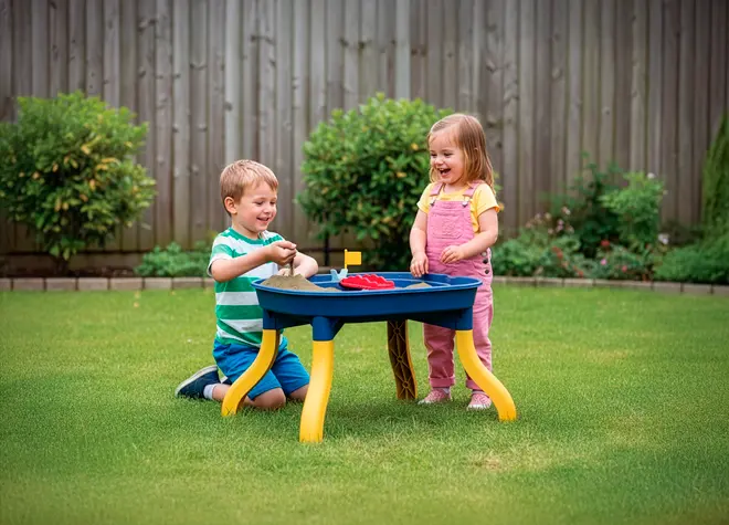 Udendørs aktivitetstabel til børn med blå bordplade og gule ben, designet til sand- og vandleg. Har indbyggede rum og tilbehør. Robust plastkonstruktion.