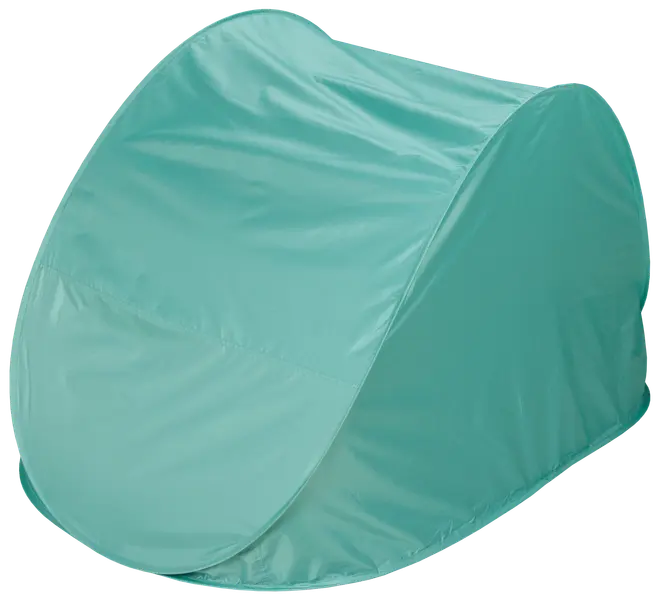 Lätt, turkos pop-up-tält av vattenavvisande tyg. Kompakt design, passar för strand eller utomhusbruk. Inga fönster eller dörrar, enkel struktur för smidig montering.