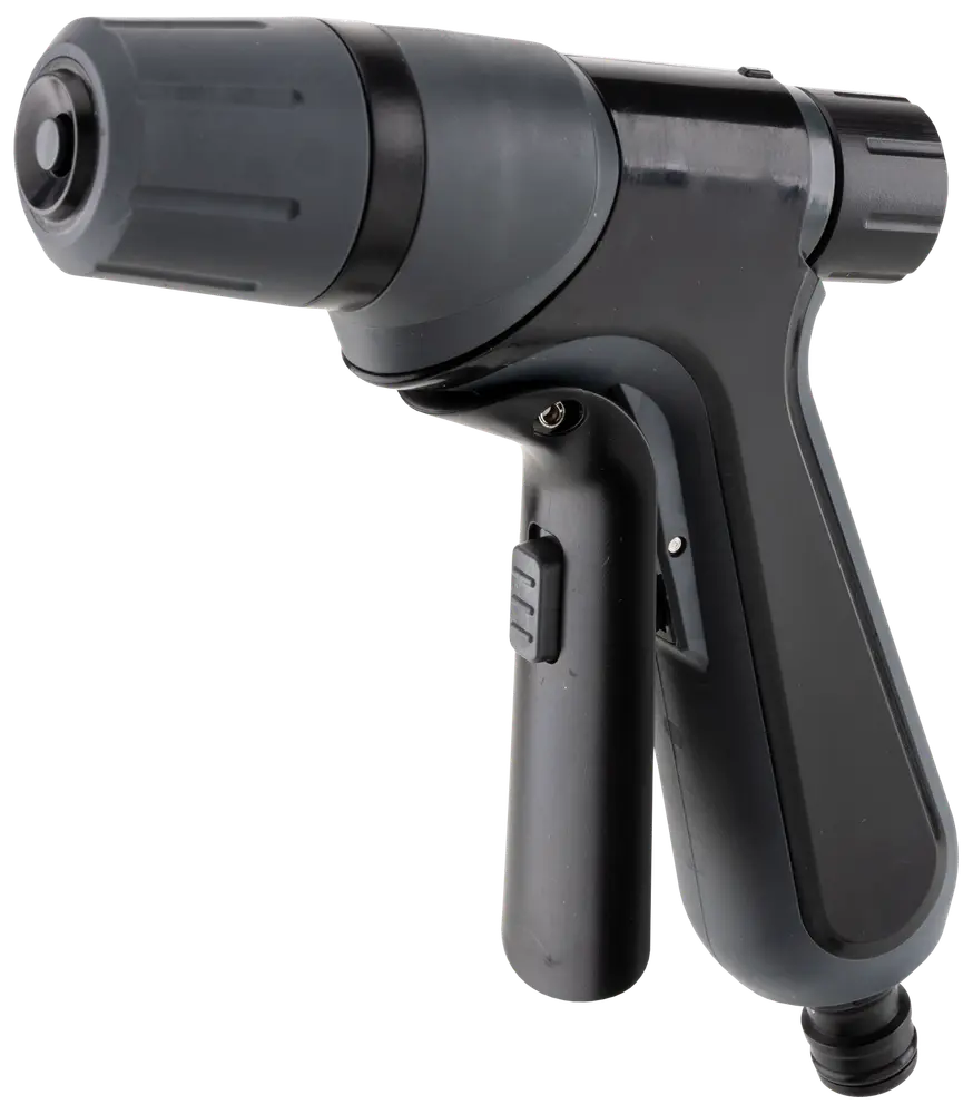 Sort og grå justerbar haveslange-sprøjtedyse med ergonomisk håndtag og aftrækker, designet til komfortabelt greb og flere spraymønstre til vanding af planter eller rengøring.