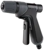 Sort og grå justerbar haveslange-sprøjtedyse med ergonomisk håndtag og aftrækker, designet til komfortabelt greb og flere spraymønstre til vanding af planter eller rengøring.