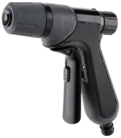 Sort og grå justerbar haveslange-sprøjtedyse med ergonomisk håndtag og aftrækker, designet til komfortabelt greb og flere spraymønstre til vanding af planter eller rengøring.