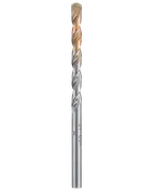 Lång metallborr med spiralformade spår, guldfärgad spets och silverfärgat skaft.