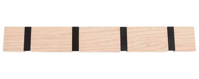Väggmonterad klädhängare i ljust trä med fyra svarta metallkrokar. Rektangulär, minimalistisk design med slät yta. Passar för jackor, väskor eller accessoarer.