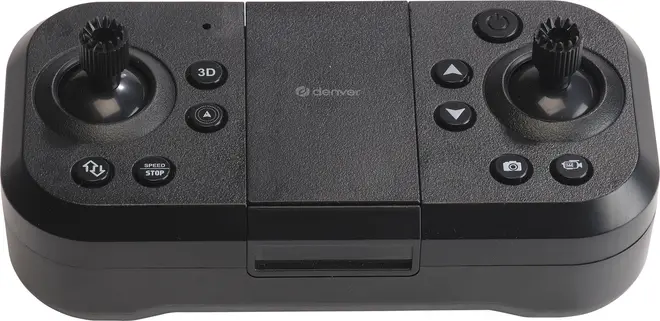 Sort fjernbetjening med to joysticks, flere knapper til kamera, hastighed og retningskontrol. Midterrum, tekstureret overflade, markerede knapper, velegnet til droner eller fjernstyrede køretøjer.