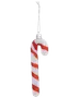 Hvidt candy cane-ornament med røde glimmerstriber og sølvophæng.