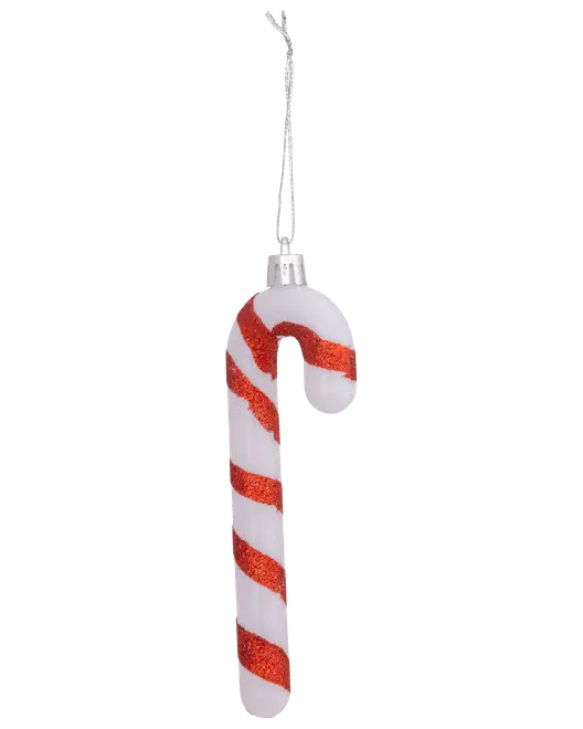 Hvidt candy cane-ornament med røde glimmerstriber og sølvophæng.