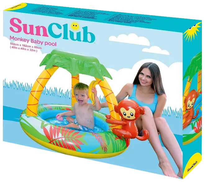 Oppustelig babypool med abedesign og palmetræ, farverig, lille skyggefuld baldakin, egnet til små børn, måler 102x102x80cm, perfekt til udendørs vandleg.