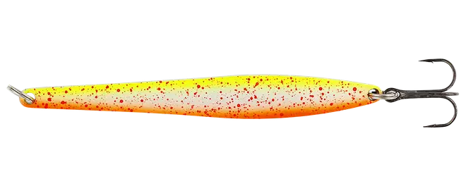 Gul og orange fiskelokke med røde prikker, metalkrop og fastgjort trekrog.