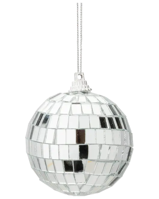 Rundt juleornament dækket af små, reflekterende spejlfliser, der ligner en diskokugle. Sølvfarvet ophængssnor i toppen. Skinnende og festlig dekoration til juletræet.
