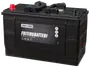 Sort fritidsbatteri med bærehåndtag, mærket "Fritidsbatteri" fra Branford. Har røde og sorte poler, egnet til biler, både og campingvogne. Mål: 239 x 172 x 330 mm.