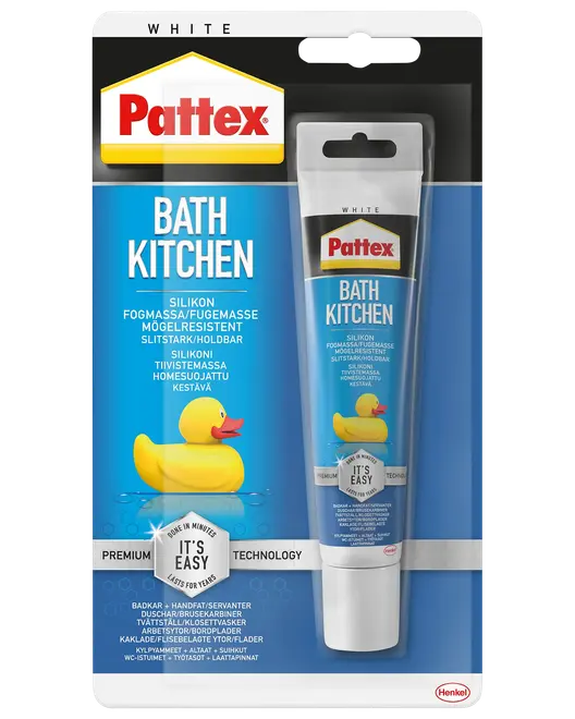 Pattex Bath Kitchen silikonefugemasse, hvid, skimmelresistent, slidstærk, egnet til badeværelse og køkken. Leveres i tube med nem påføring. Premium teknologi til fugning.