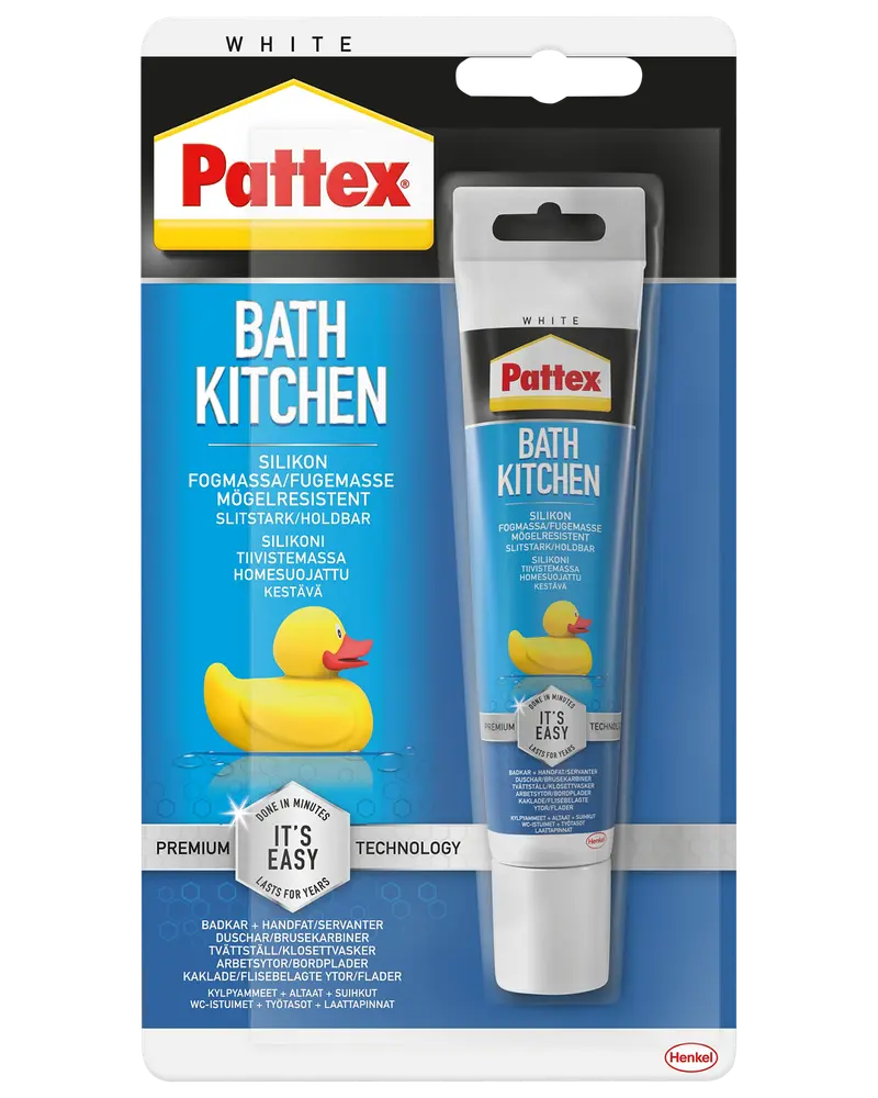 Pattex Bath Kitchen silikonefugemasse, hvid, skimmelresistent, slidstærk, egnet til badeværelse og køkken. Leveres i tube med nem påføring. Premium teknologi til fugning.