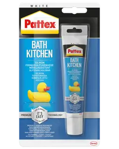 Pattex Bath Kitchen silikonefugemasse, hvid, skimmelresistent, slidstærk, egnet til badeværelse og køkken. Leveres i tube med nem påføring. Premium teknologi til fugning.