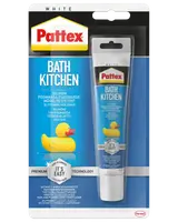 Pattex Bath Kitchen silikonefugemasse, hvid, skimmelresistent, slidstærk, egnet til badeværelse og køkken. Leveres i tube med nem påføring. Premium teknologi til fugning.